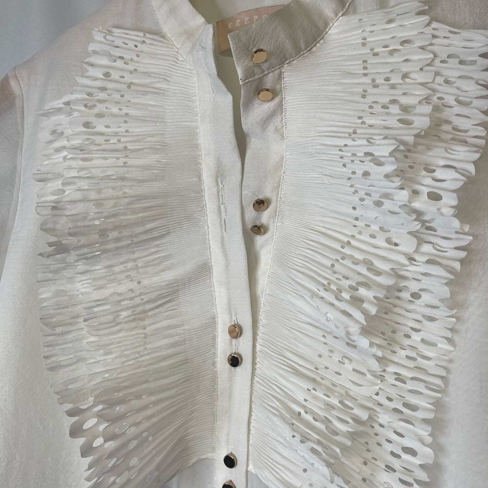 Women's White Ruffle Blouse - Picture 3 of 5